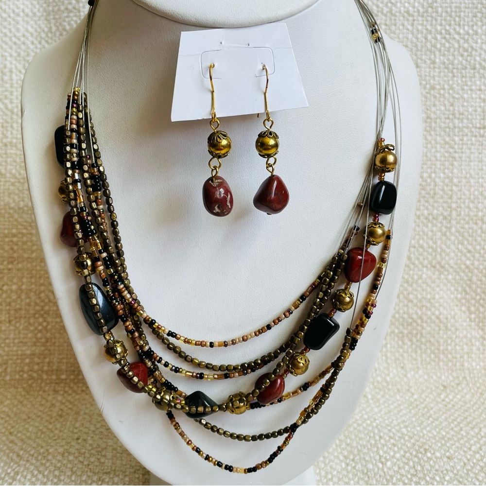 Multi-Strand Boho Style Stone Beaded Necklace and Earrings Set